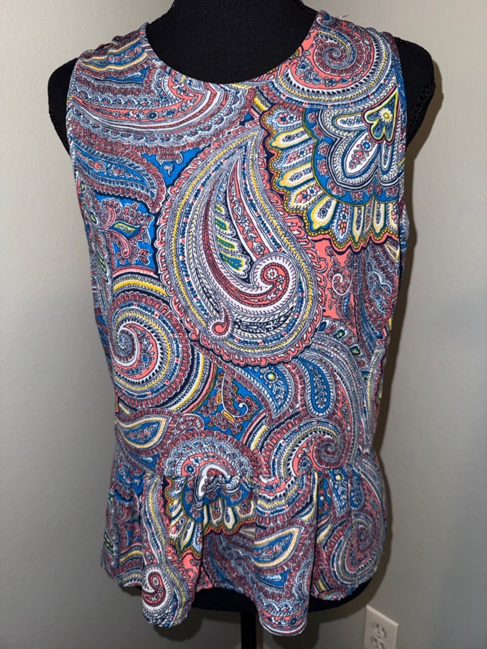 J. Crew Sleeveless Paisley Peplum Top in Coral, Blue and Yellow Accents